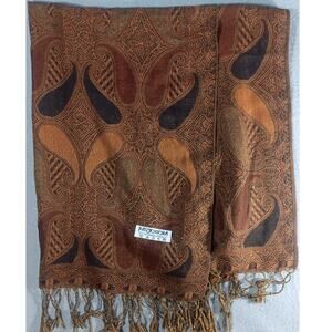 Vintage Pashmina Silk Paisley Shawl Scarf Wrap Brown Rust Boho Fringe